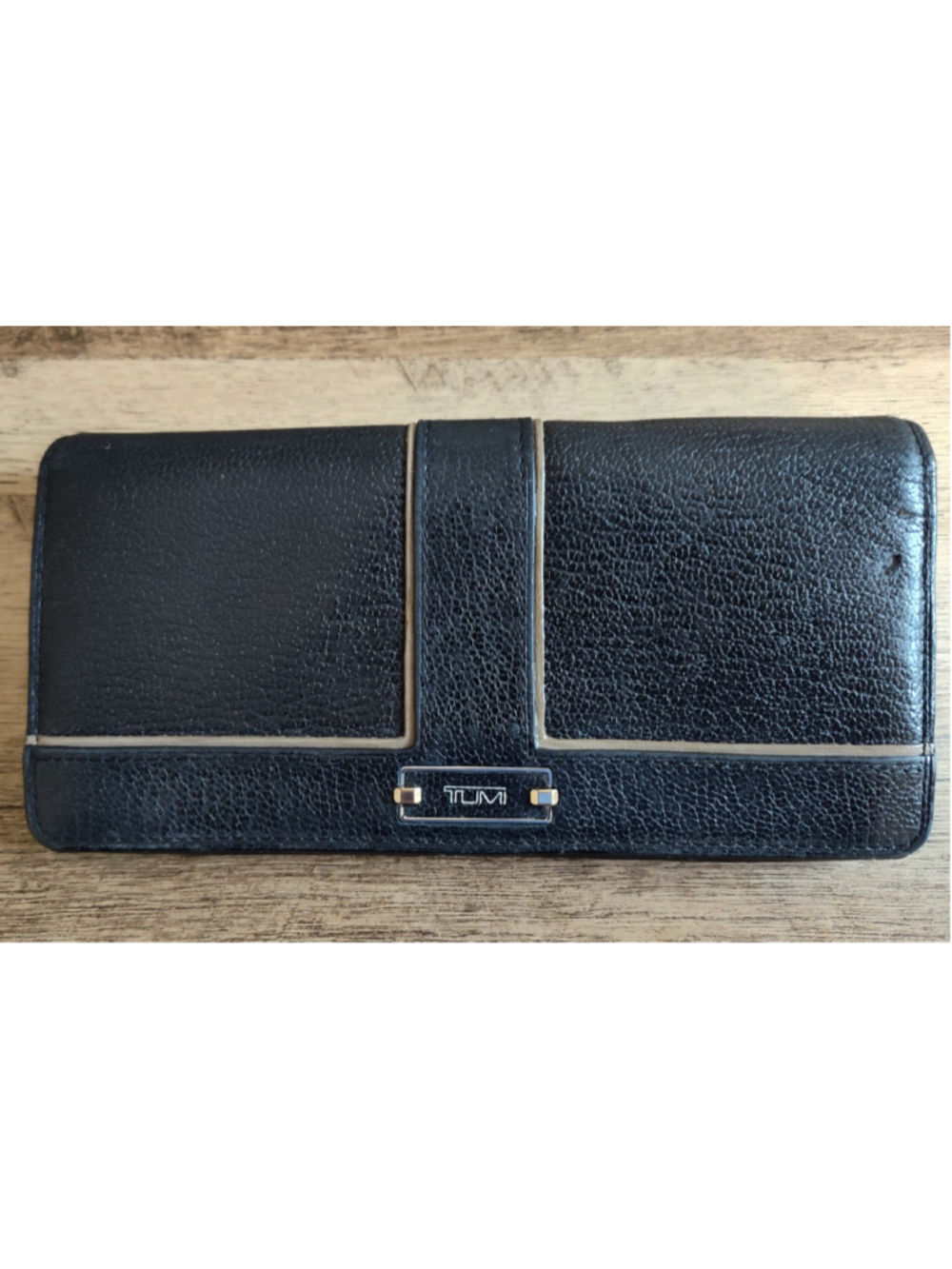 Women's Tumi Leather Continental Wallet in Black and Beige